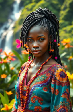 A stunningly beautiful African woman with magical qualities, wearing a vibrant traditional dress adorned with intricate patterns and bright colors