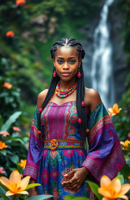 A stunningly beautiful African woman with magical qualities, wearing a vibrant traditional dress adorned with intricate patterns and bright colors