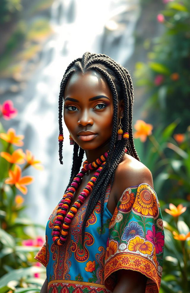 A stunningly beautiful African woman with magical qualities, wearing a vibrant traditional dress adorned with intricate patterns and bright colors