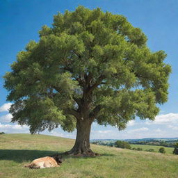 A lush, healthy tree thriving under a blue sky in daylight. Under it, a shepherd rests in the shade, watching over the countryside.