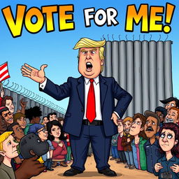 A political cartoon depicting Donald Trump standing confidently at the Mexican border, gesturing with one hand as he speaks to a crowd of diverse supporters on one side, while a group of people on the other side looks hopeful but worried