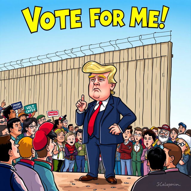 A political cartoon depicting Donald Trump standing confidently at the Mexican border, gesturing with one hand as he speaks to a crowd of diverse supporters on one side, while a group of people on the other side looks hopeful but worried