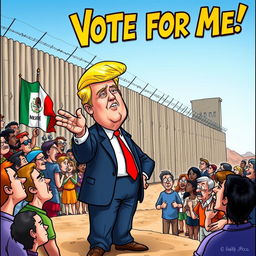 A political cartoon depicting Donald Trump standing confidently at the Mexican border, gesturing with one hand as he speaks to a crowd of diverse supporters on one side, while a group of people on the other side looks hopeful but worried