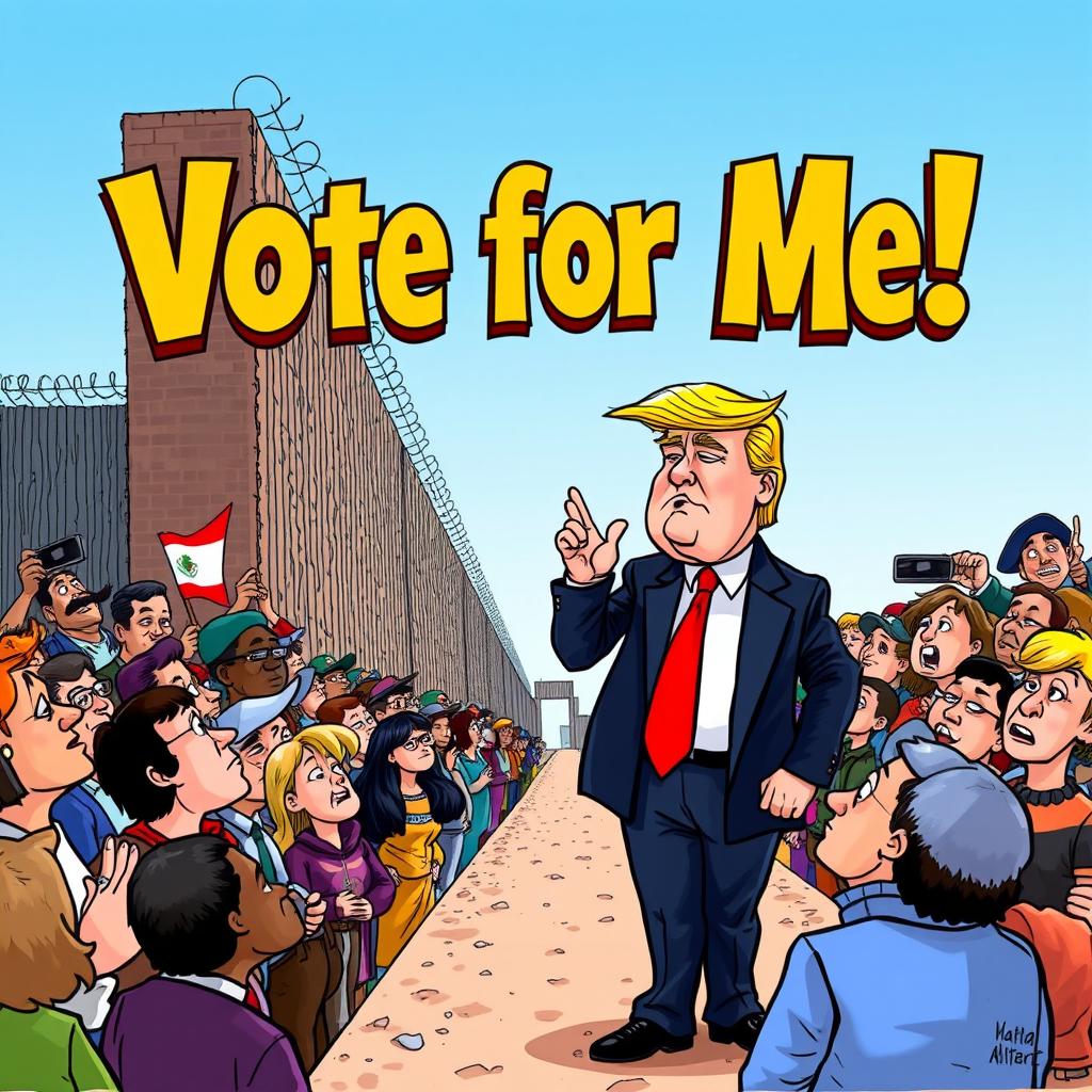 A political cartoon depicting Donald Trump standing confidently at the Mexican border, gesturing with one hand as he speaks to a crowd of diverse supporters on one side, while a group of people on the other side looks hopeful but worried