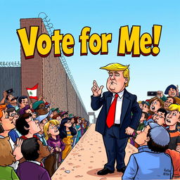 A political cartoon depicting Donald Trump standing confidently at the Mexican border, gesturing with one hand as he speaks to a crowd of diverse supporters on one side, while a group of people on the other side looks hopeful but worried