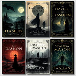 A series of elegant and striking book covers designed for dystopian novels, blending sophistication with a sense of foreboding