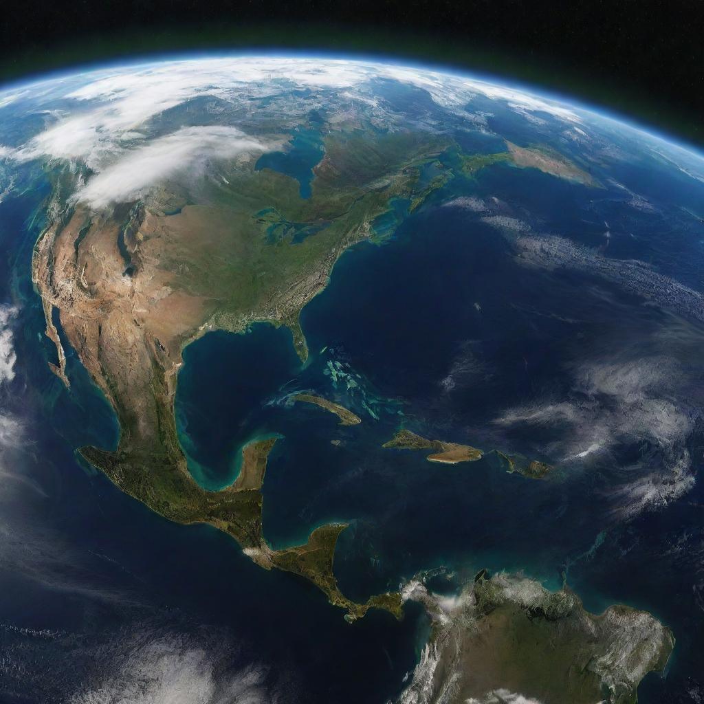 A detailed and vibrant image of Earth as seen from space, showcasing its blue oceans, green land masses, and serene white clouds. Highlights include light glistening off the water and cities twinkling at night.