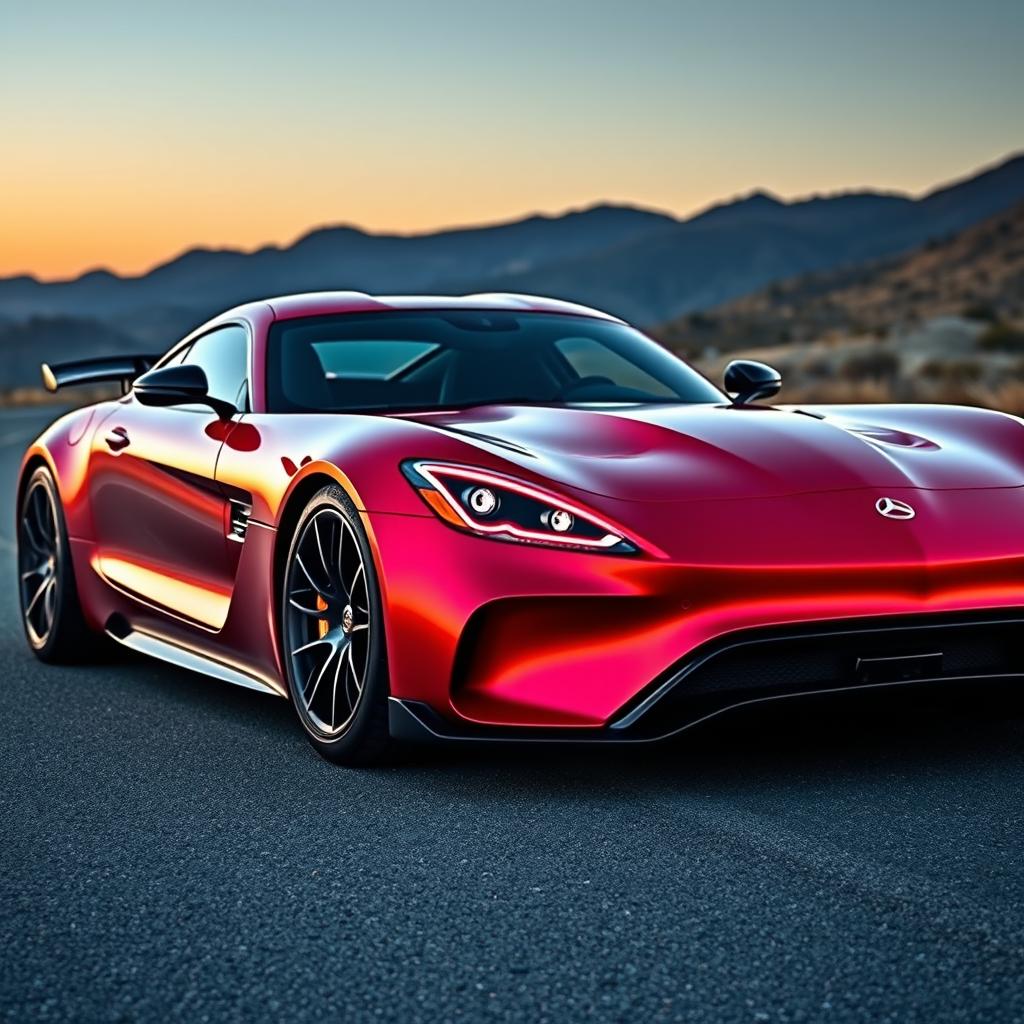 A custom-designed supercar that seamlessly blends the front headlights of the 2025 Mercedes-Benz AMG GT with the rear taillights of the 2017 Dodge Viper SRT