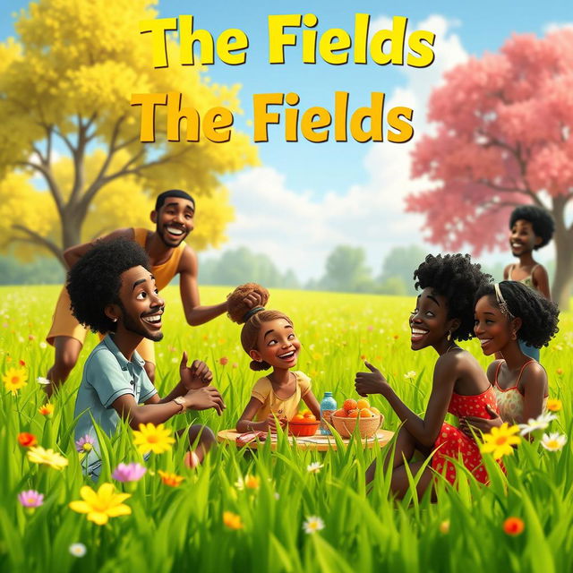 A vibrant and colorful Disney Pixar style poster featuring a diverse group of Black people enjoying a sunny day in a lush green field