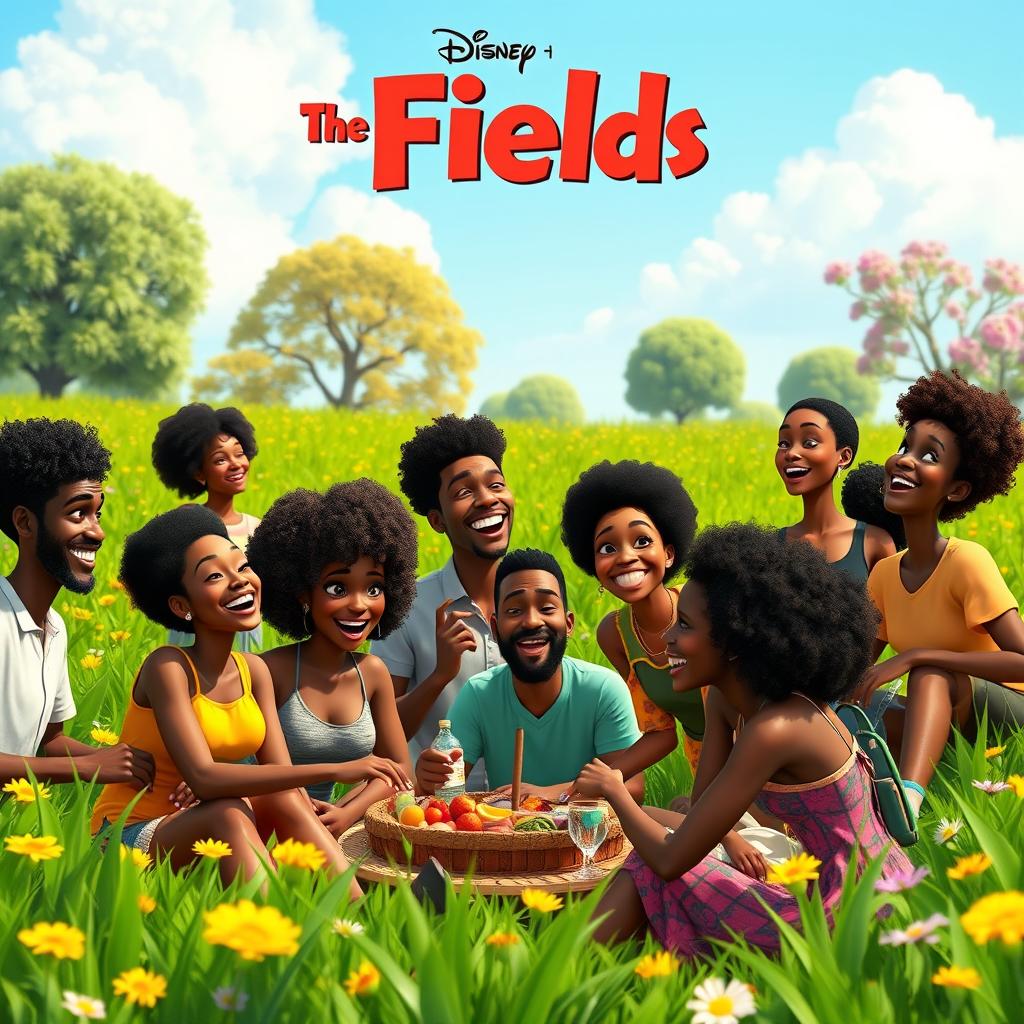 A vibrant and colorful Disney Pixar style poster featuring a diverse group of Black people enjoying a sunny day in a lush green field