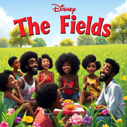 A vibrant and colorful Disney Pixar style poster featuring a diverse group of Black people enjoying a sunny day in a lush green field