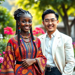 A stunningly beautiful African woman with magical qualities standing next to a charming Korean man