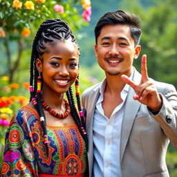 A stunningly beautiful African woman with magical qualities standing next to a charming Korean man