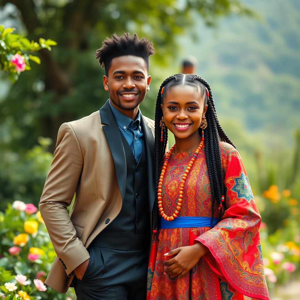 A stunningly beautiful African woman with magical qualities standing next to a charming Korean man