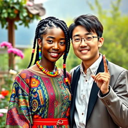 A stunningly beautiful African woman with magical qualities standing next to a charming Korean man
