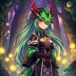 A tall anime dragon girl with striking red eyes, featuring vibrant scales in various shades of green and hints of gold