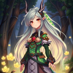 A tall anime dragon girl with striking red eyes, featuring vibrant scales in various shades of green and hints of gold