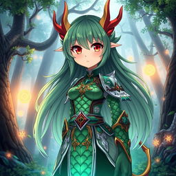A tall anime dragon girl with striking red eyes, featuring vibrant scales in various shades of green and hints of gold