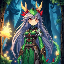 A tall anime dragon girl with striking red eyes, featuring vibrant scales in various shades of green and hints of gold