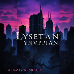 An elegant book cover design for a dystopian novel, characterized by a hauntingly beautiful cityscape silhouetted against a twilight sky