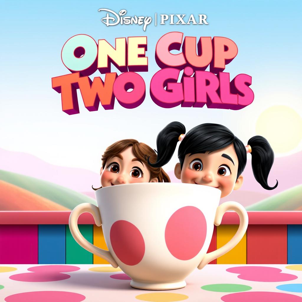 A vibrant Disney Pixar movie poster featuring two animated girls with cheerful expressions sitting behind a colorful table