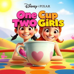 A vibrant Disney Pixar movie poster featuring two animated girls with cheerful expressions sitting behind a colorful table