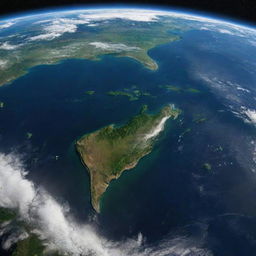 A detailed and vibrant image of Earth as seen from space, showcasing its blue oceans, green land masses, and serene white clouds. Highlights include light glistening off the water and cities twinkling at night.