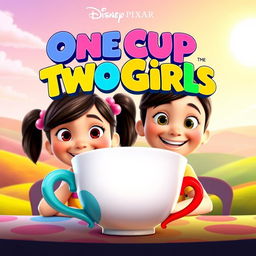 A vibrant Disney Pixar movie poster featuring two animated girls with cheerful expressions sitting behind a colorful table