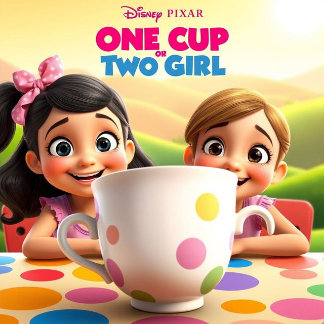 A vibrant Disney Pixar movie poster featuring two animated girls with cheerful expressions sitting behind a colorful table