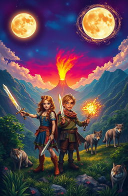 Three young adventurers in a vivid medieval-like landscape filled with lush greenery, towering mountains, and a distant volcano spewing smoke