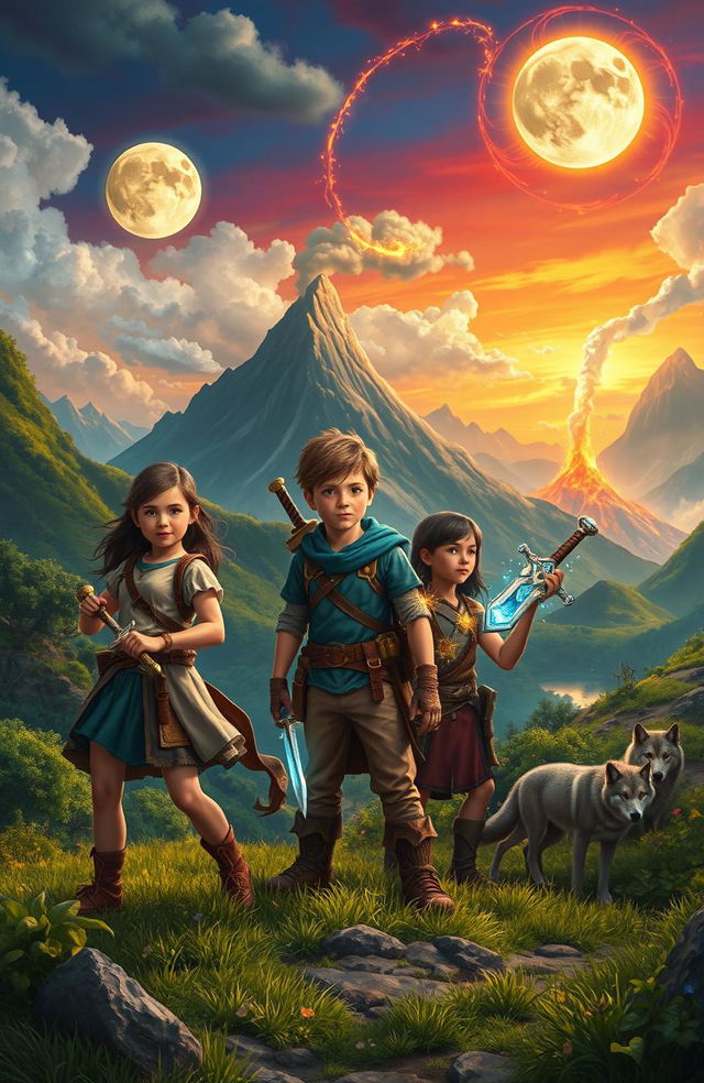 Three young adventurers in a vivid medieval-like landscape filled with lush greenery, towering mountains, and a distant volcano spewing smoke