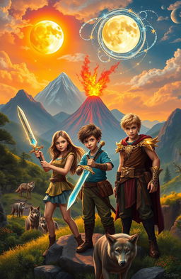 Three young adventurers in a vivid medieval-like landscape filled with lush greenery, towering mountains, and a distant volcano spewing smoke
