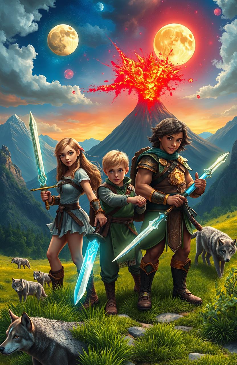 Three young adventurers in a vivid medieval-like landscape filled with lush greenery, towering mountains, and a distant volcano spewing smoke