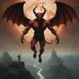 A dramatic scene of a mythical character, depicted as a devil, descending onto a detailed Earth. The devil contrasts with the Earth's lighting, offering a sense of unease amidst otherwise tranquil surroundings.