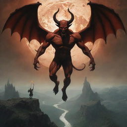 A dramatic scene of a mythical character, depicted as a devil, descending onto a detailed Earth. The devil contrasts with the Earth's lighting, offering a sense of unease amidst otherwise tranquil surroundings.