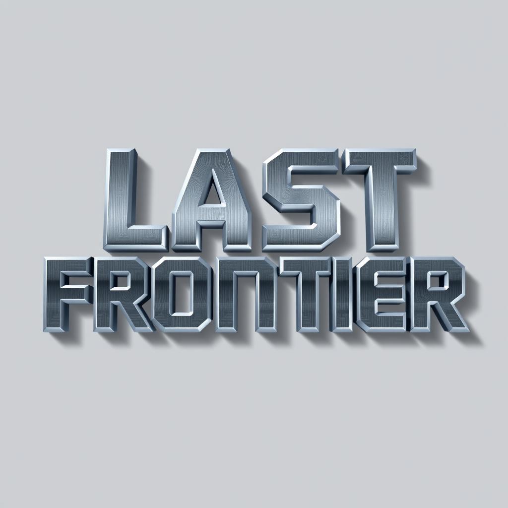 A 2D pixel art inscription of the words 'Last Frontier' designed in a sleek gray metallic color