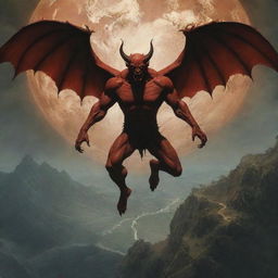 A dramatic scene of a mythical character, depicted as a devil, descending onto a detailed Earth. The devil contrasts with the Earth's lighting, offering a sense of unease amidst otherwise tranquil surroundings.