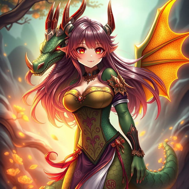 A hot, tall anime dragon girl with alluring red eyes, showcasing a stunning figure and vibrant scales that transition from deep green to shimmering gold