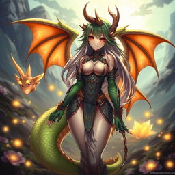 A hot, tall anime dragon girl with alluring red eyes, showcasing a stunning figure and vibrant scales that transition from deep green to shimmering gold