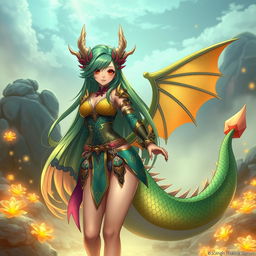 A hot, tall anime dragon girl with alluring red eyes, showcasing a stunning figure and vibrant scales that transition from deep green to shimmering gold