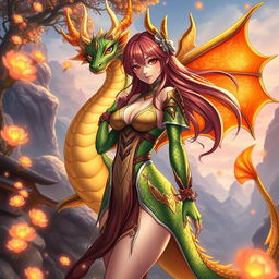 A hot, tall anime dragon girl with alluring red eyes, showcasing a stunning figure and vibrant scales that transition from deep green to shimmering gold