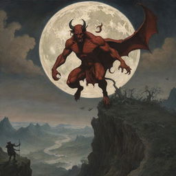 A dramatic scene of a mythical character, depicted as a devil, descending onto a detailed Earth. The devil contrasts with the Earth's lighting, offering a sense of unease amidst otherwise tranquil surroundings.