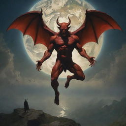 A dramatic scene of a mythical character, depicted as a devil, descending onto a detailed Earth. The devil contrasts with the Earth's lighting, offering a sense of unease amidst otherwise tranquil surroundings.