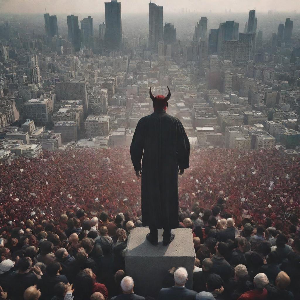 A massive crowd of diverse people bowed down in worship, directed towards the imposing figure of a symbolic devil against the backdrop of a cluttered cityscape. The overall tone is one of bewilderment and awe.