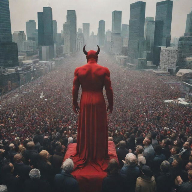 A massive crowd of diverse people bowed down in worship, directed towards the imposing figure of a symbolic devil against the backdrop of a cluttered cityscape. The overall tone is one of bewilderment and awe.