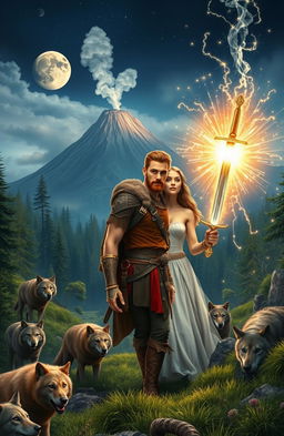 A cleanshaven adventurer and a beautiful maiden explore a fantastical medieval landscape with lush forests and rugged terrain