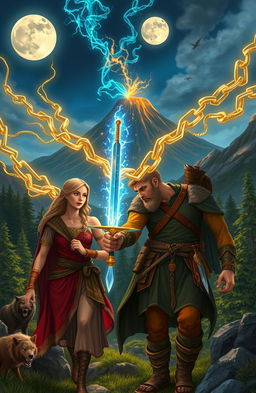 A cleanshaven adventurer and a beautiful maiden explore a fantastical medieval landscape with lush forests and rugged terrain