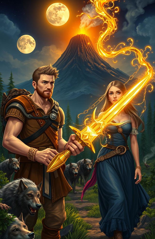 A cleanshaven adventurer and a beautiful maiden explore a fantastical medieval landscape with lush forests and rugged terrain