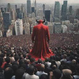 A massive crowd of diverse people bowed down in worship, directed towards the imposing figure of a symbolic devil against the backdrop of a cluttered cityscape. The overall tone is one of bewilderment and awe.