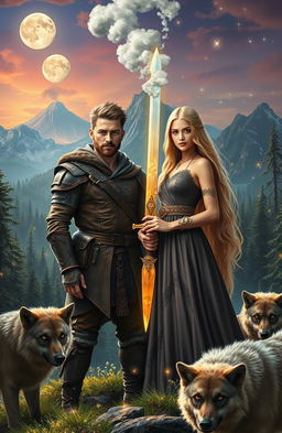 A cleanshaven 18-year-old adventurer and a beautiful blonde maiden stand together in a breathtaking medieval world filled with lush forests and towering mountains